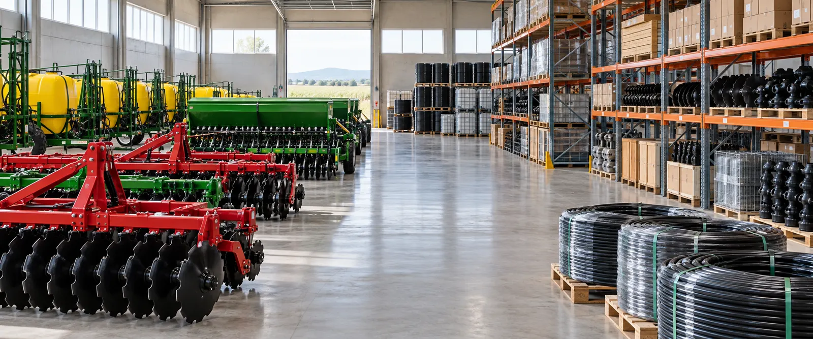 Agricultural equipment and spare parts in a warehouse